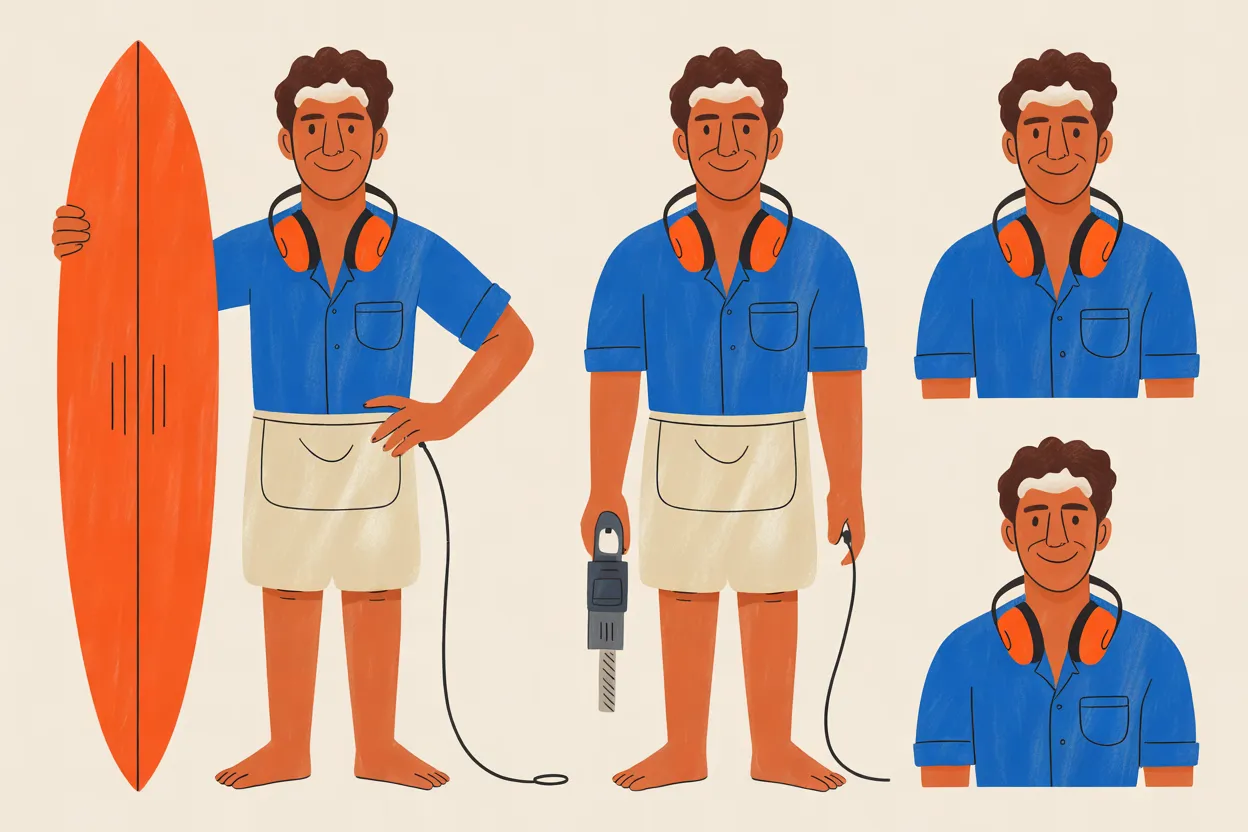 The Shaper character sheet on a warm cream background: two full-length front views and two head-and-shoulders close-ups, all with the same closed-mouth smile. In every view he has curly dark-brown hair with a white patch along the hairline, a blue short-sleeved shirt and orange earmuffs around his neck; in the full-length views he also wears a short cream apron and is barefoot, with one hand on a tall orange surfboard and the other on his hip in the first, and a grey corded power tool in one hand in the second.