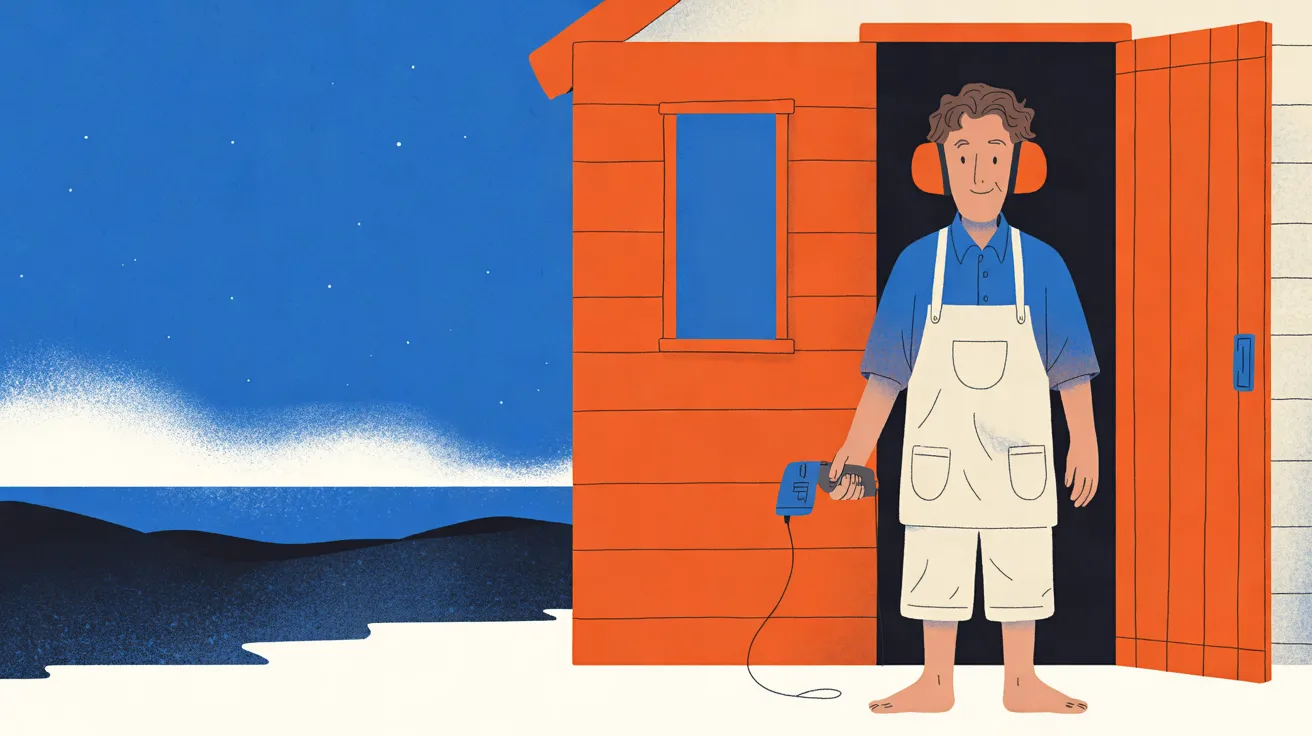 The Shaper, a man with curly brown hair and a small smile, in a blue short-sleeved shirt, a cream bib apron and cream shorts, with orange earmuffs over his ears, stands barefoot in the dark open doorway of an orange plank shack at the right, its orange door swung open beside him, holding a blue corded power tool at his side. To the left, small white specks drift in a deep blue sky above a soft white haze, a band of blue sea and dark rolling dunes, with pale sand in the foreground.